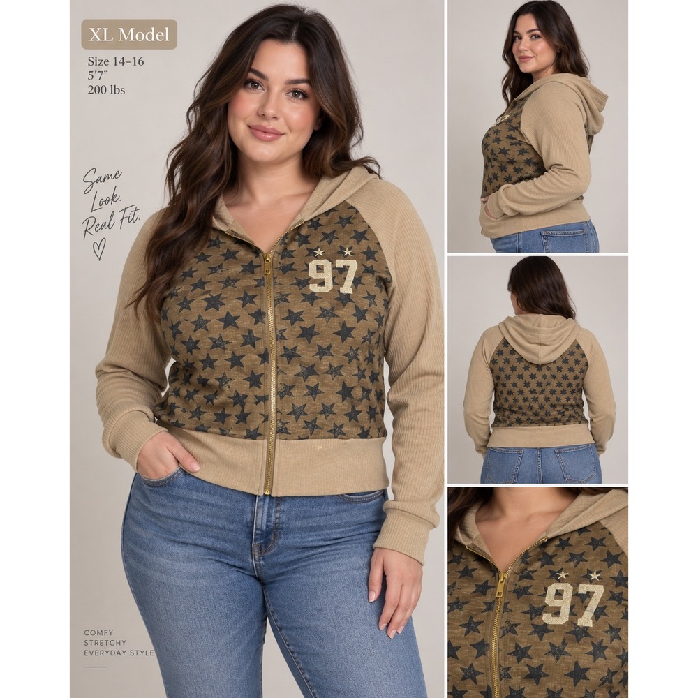 Blue Riot XO Tan Star Print Zip Up Hoodie Ribbed Knit Jacket XL 97 Graphic